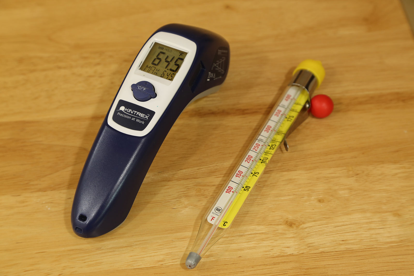 A candy thermometer and infrared thermometer