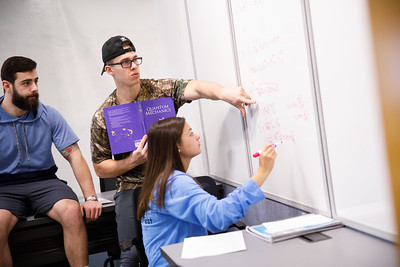 toll fellows, two boys and a girl student working together on a physics problem at a whiteboard