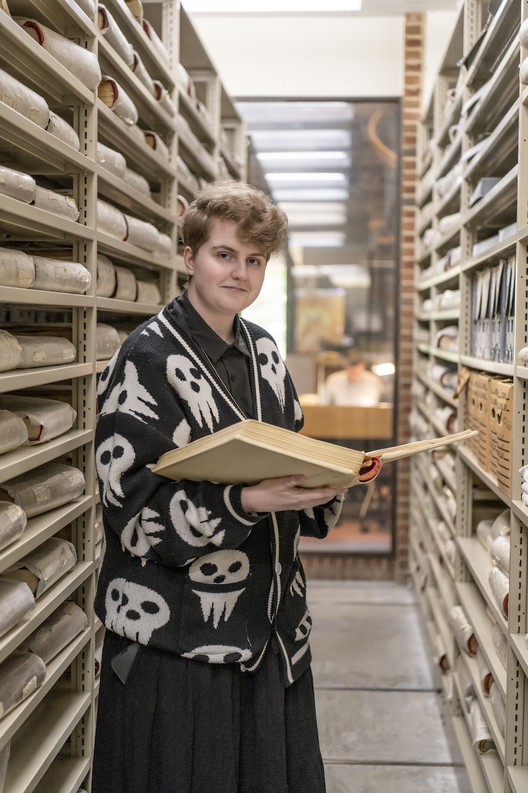 Washington College student Maddie Gilliam in the Maryland State Archives. 