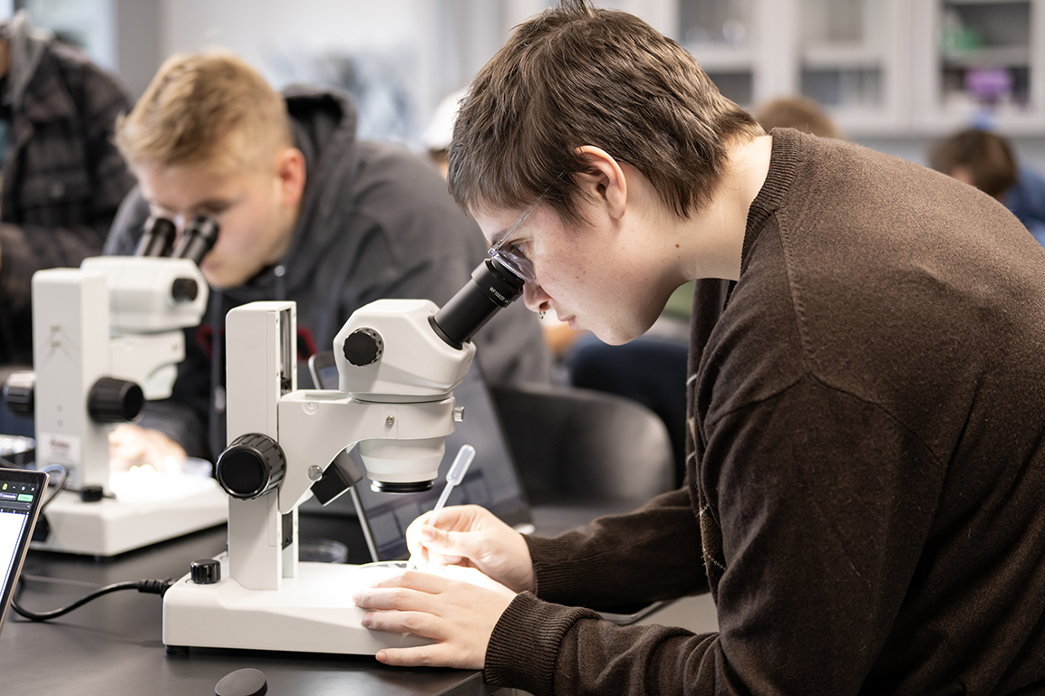 students look through microscopes