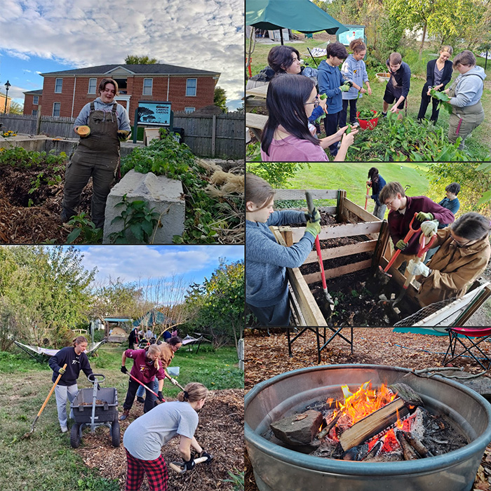 Photo collage of students working in the campus garden